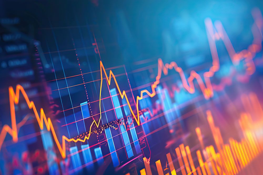 Colorful financial stock market graph and charts for business analysis.