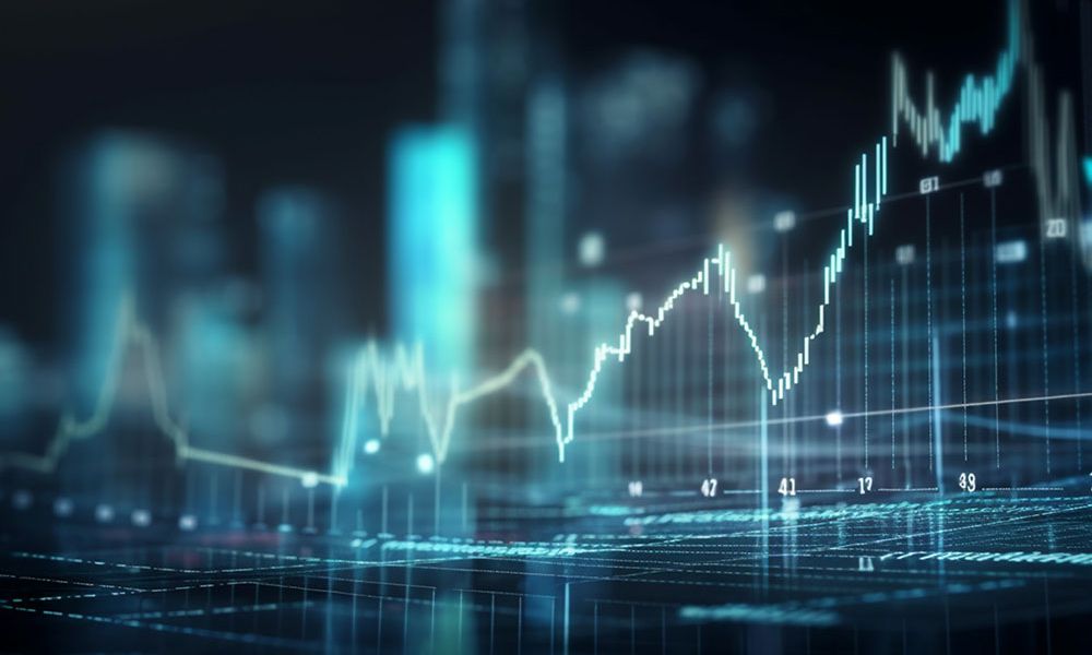 Abstract financial graph on digital screen depicting market trends and data analytics in a futuristic cityscape.