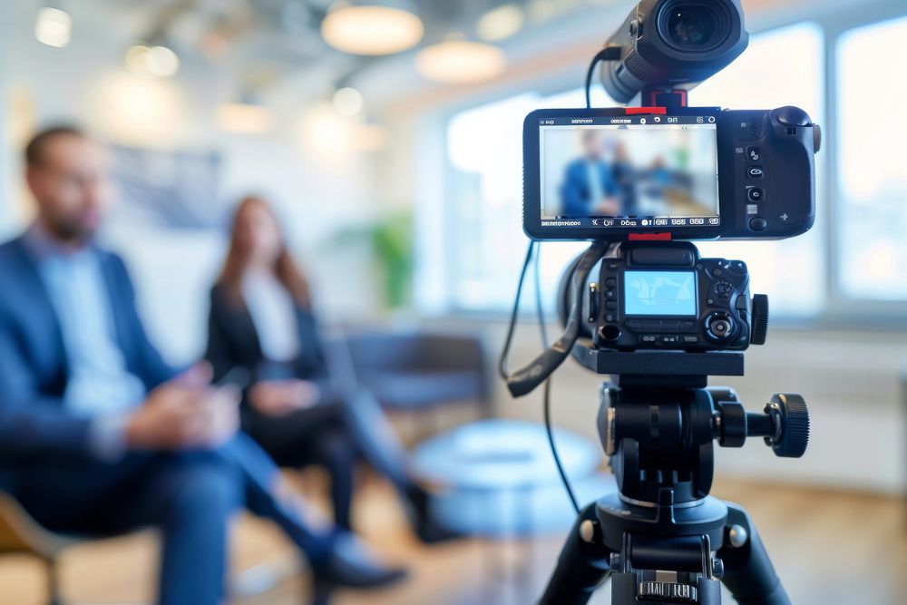 Camera recording interview with two professionals in office setting.