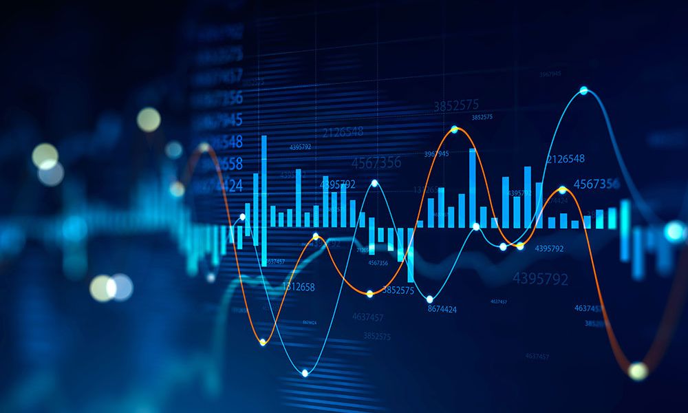 Financial graph showing data trends with fluctuating line charts and bar graph on a blue background.