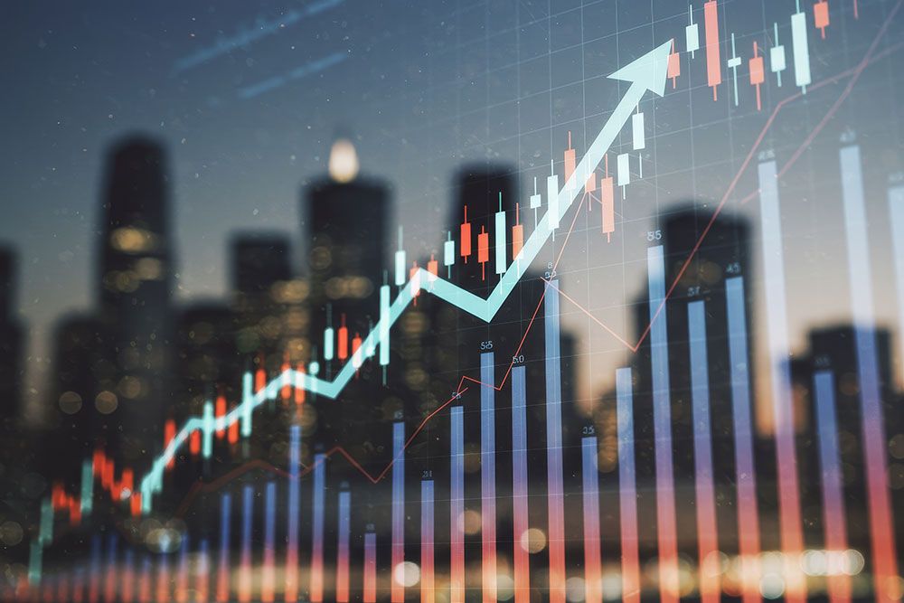 Rising stock market chart with upward arrow overlaying a cityscape, symbolizing financial growth and success.