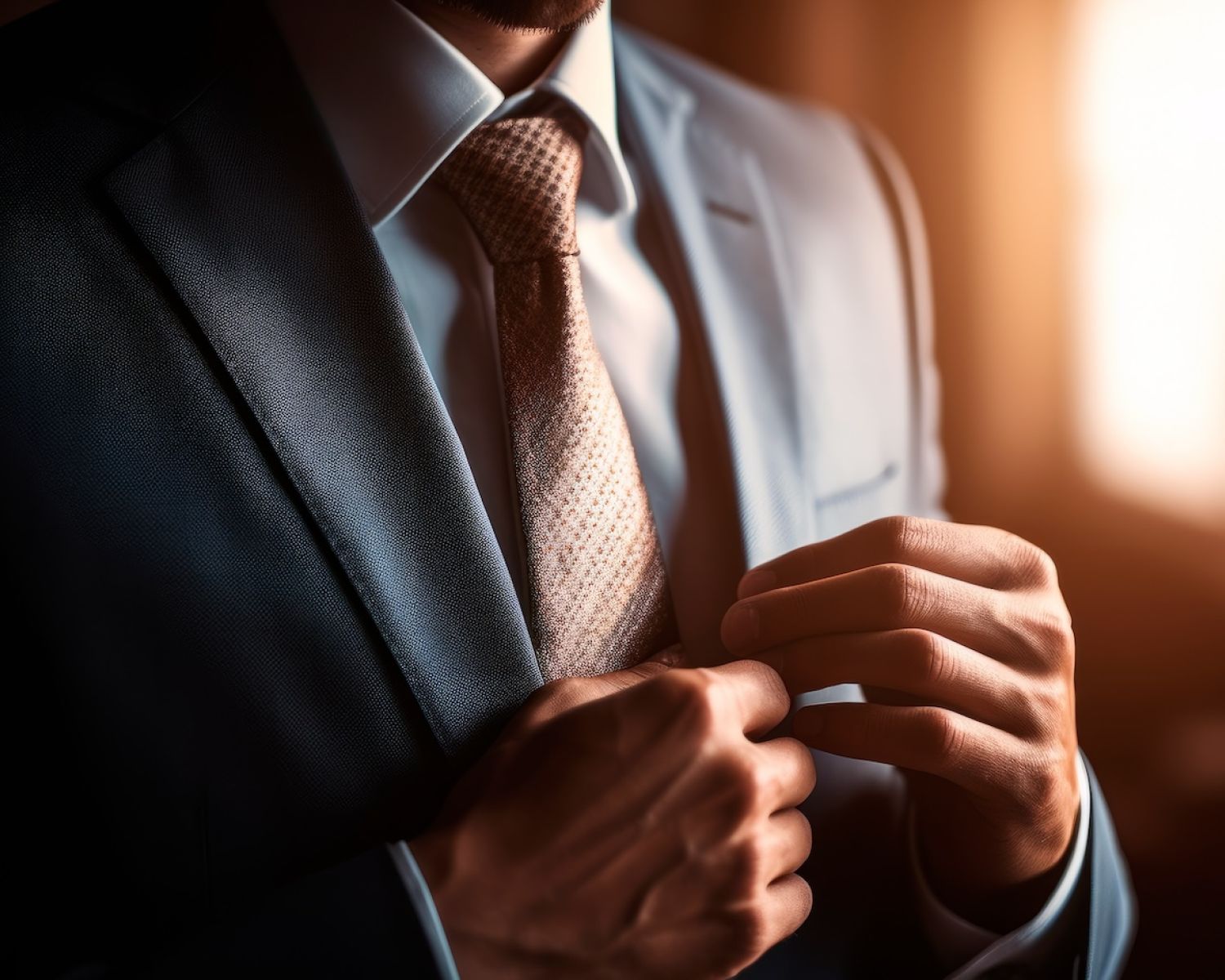 Man adjusting tie in suit, elegant business attire, warm lighting.