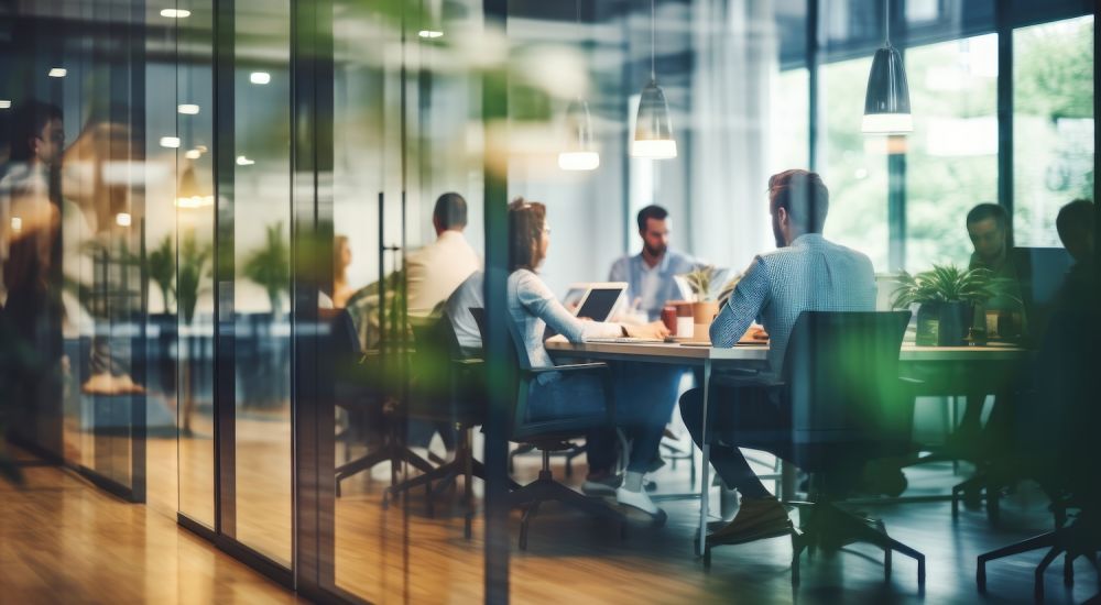 Team collaborating in modern office with glass walls, using laptops and discussing ideas around a conference table.