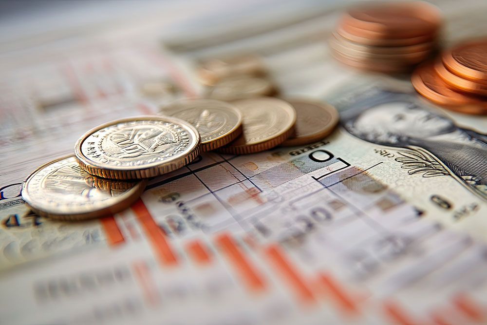 Coins and bills on a financial chart background, representing economic analysis and investment strategy.