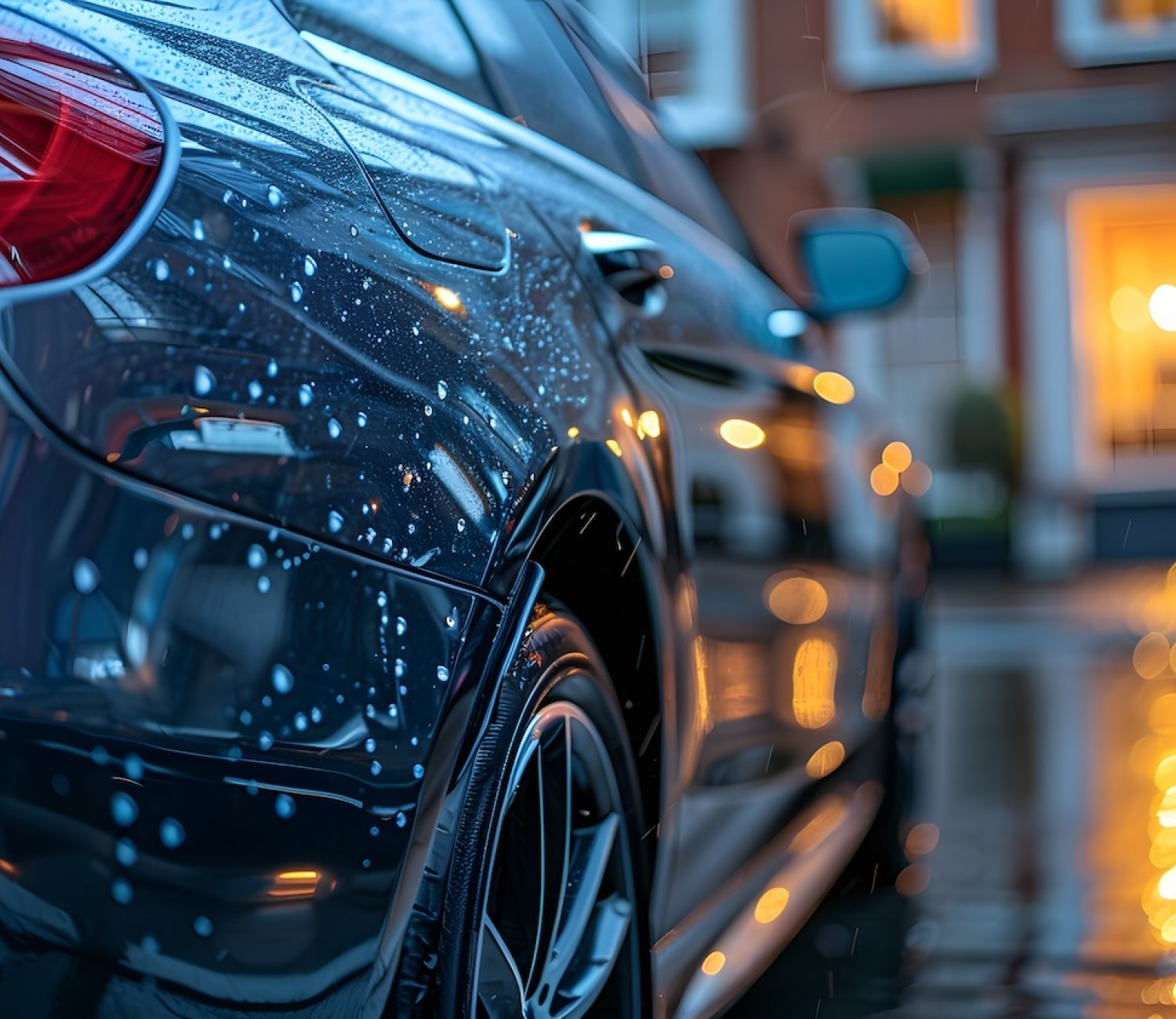 Sleek car in rainy street with blurred lights, highlighting wet reflections and luxurious design.