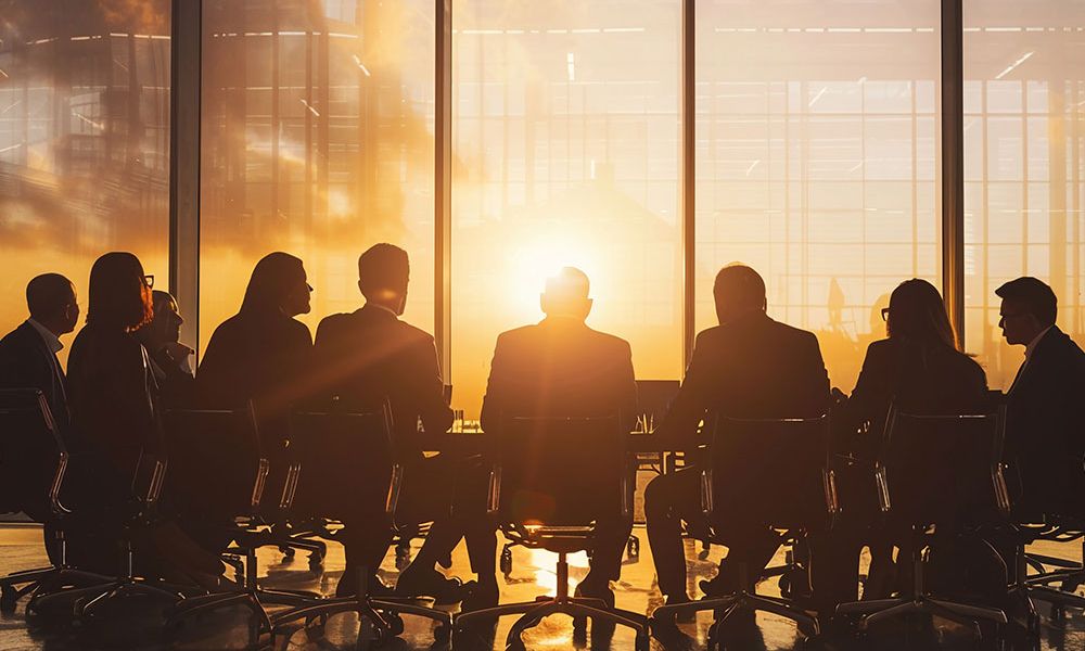 Silhouetted business meeting at sunset in skyscraper office with large windows.