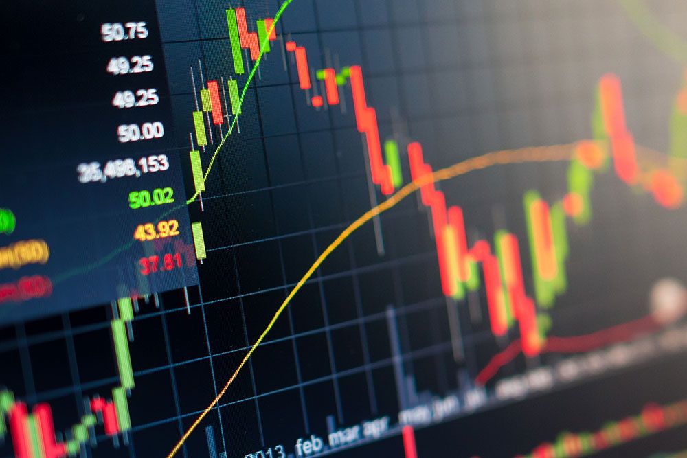 Colorful financial stock chart showing market trends and data analysis on a digital screen.