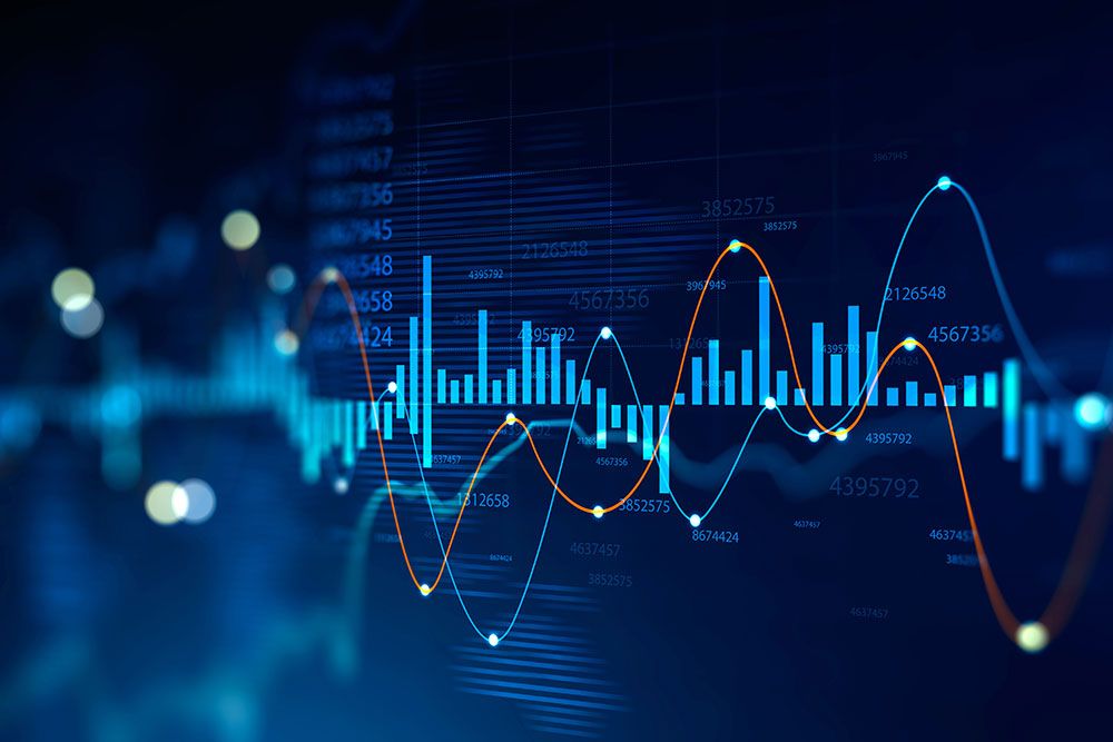 Financial graph showing data trends with fluctuating line charts and bar graph on a blue background.