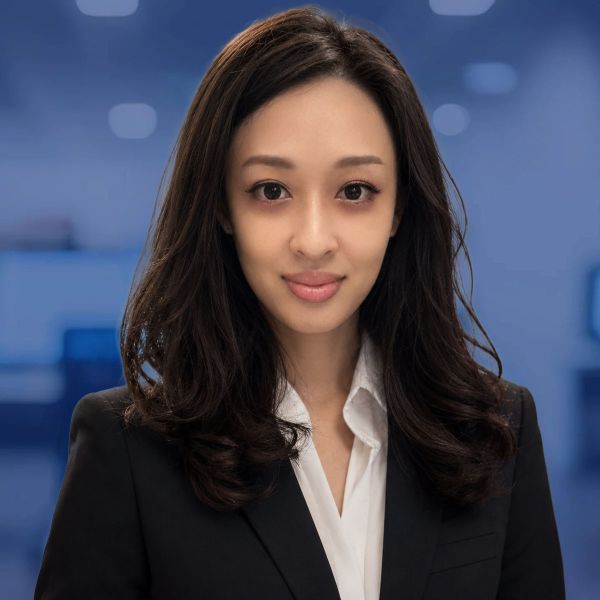Professional woman in a business suit with long hair, standing confidently in an office setting.