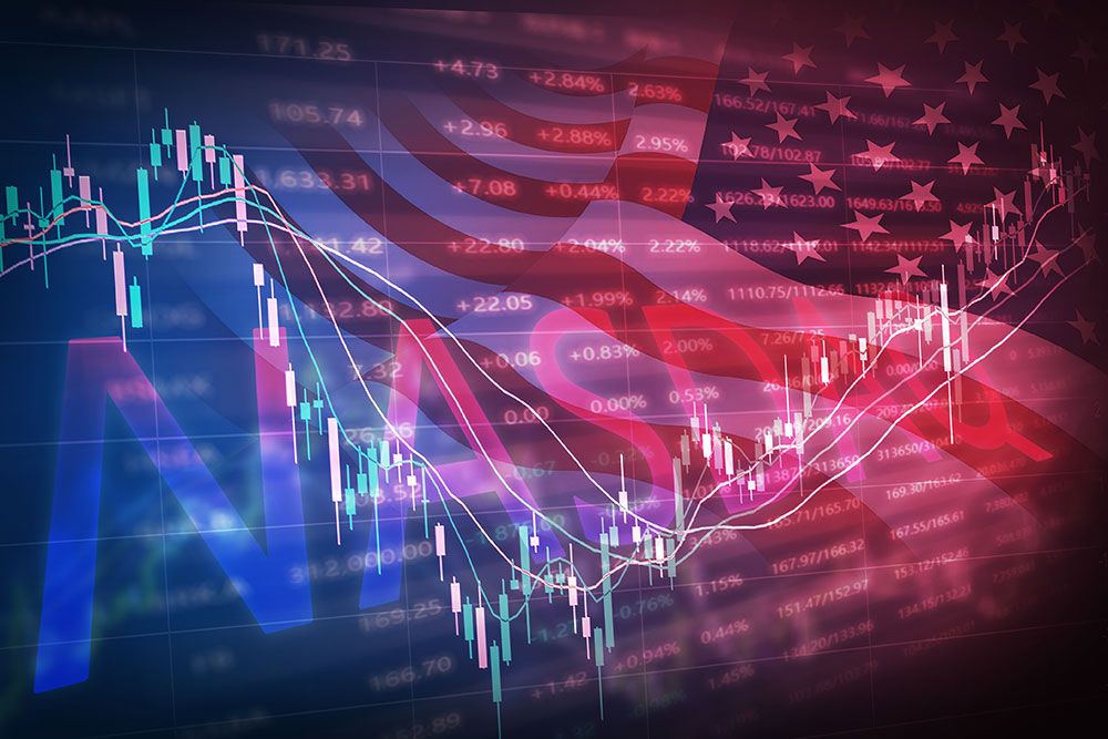 Stock market graph with USA flag overlay, showing growth and trends in financial data.