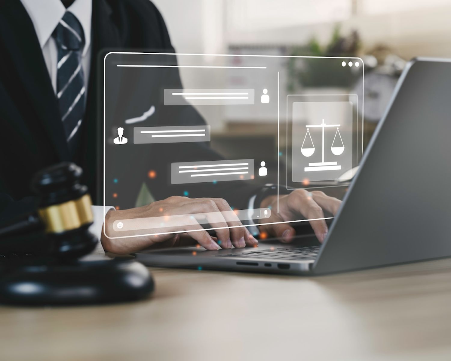 Lawyer using a laptop with justice scales hologram, symbolizing legal tech and digital law services.