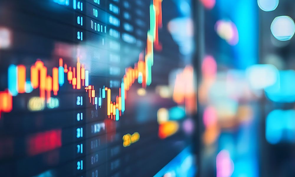 Colorful stock market graphs on a digital screen indicating financial data trends and analysis.