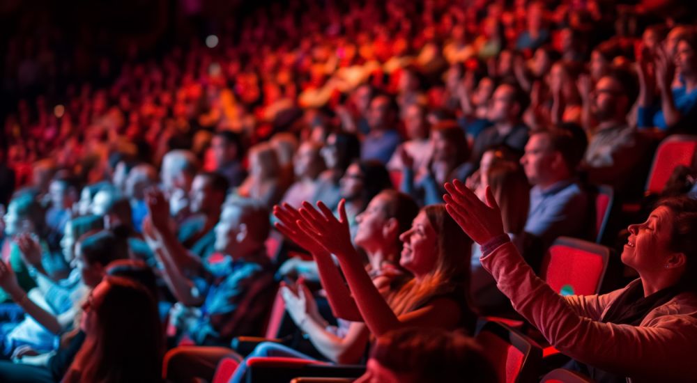 Audience clapping in a packed theater, vibrant red lighting, engaging performance atmosphere.