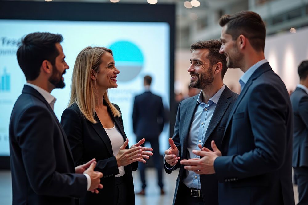 Business professionals networking at a conference, engaged in lively conversation, smiling and dressed in formal attire.