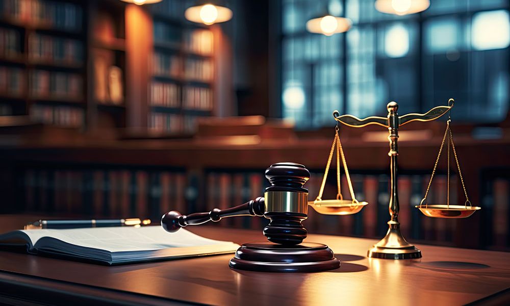 Judge's gavel and scales of justice on a law book in a dimly lit library.