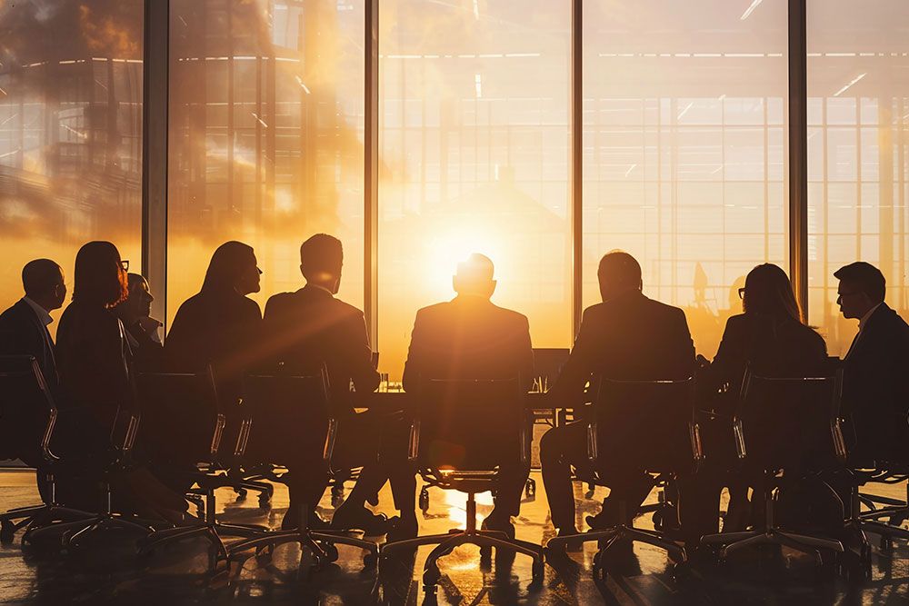 Silhouetted business meeting at sunset in skyscraper office with large windows.