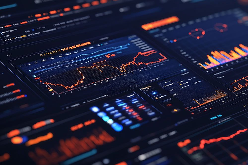 Digital dashboard displaying various data graphs and charts in vibrant colors for analytics and business insights.