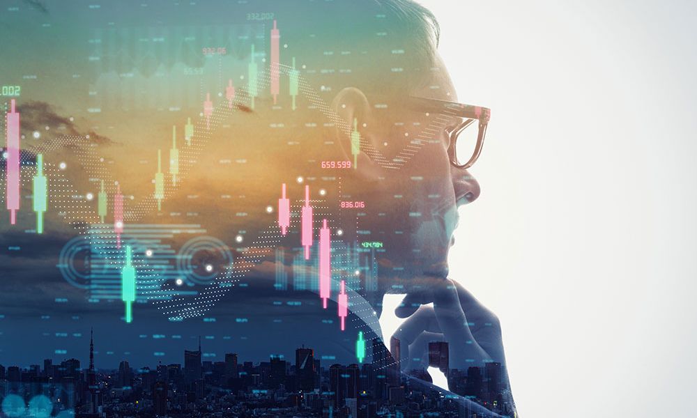 A thoughtful person overlays a stock market chart and cityscape, reflecting on financial data and analysis.