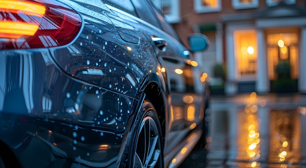 Sleek car in rainy street with blurred lights, highlighting wet reflections and luxurious design.