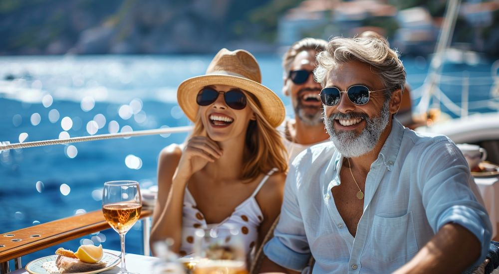 Smiling friends enjoying a sunny day on a yacht with food and drinks, ocean and scenery in the background.