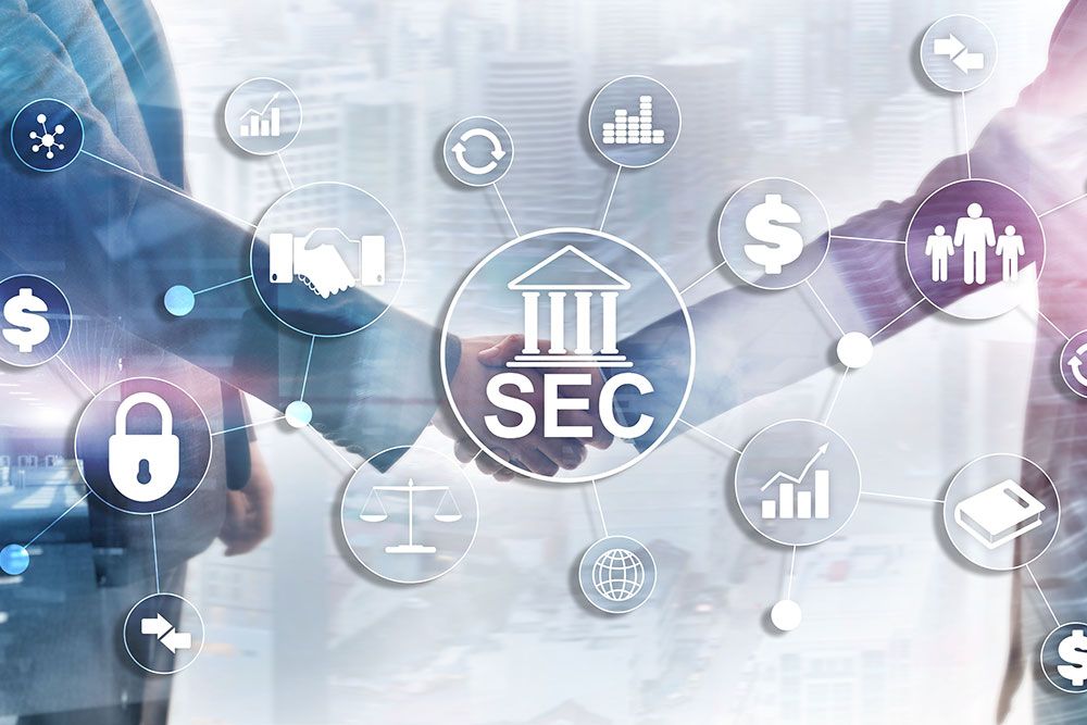 Handshake with SEC icons and business graphics, symbolizing finance, security, and growth in a digital environment.