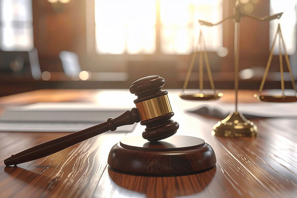 Wooden gavel on judge's table with scales of justice, symbolizing law and judgment in a courtroom setting.