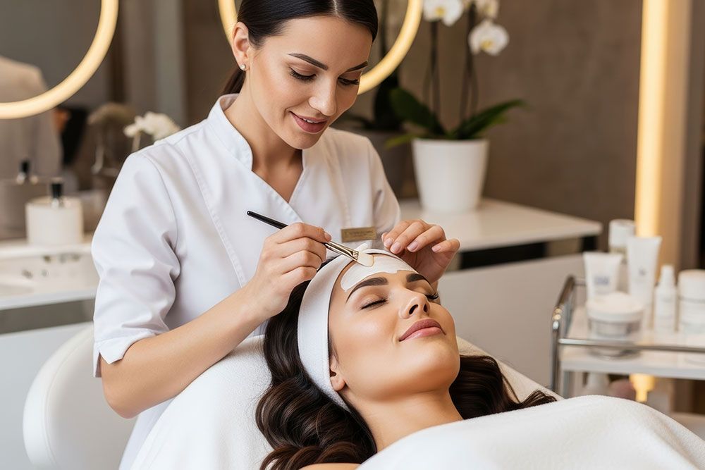 Beautician applying face mask to a relaxed client at a spa, promoting skincare and relaxation services.