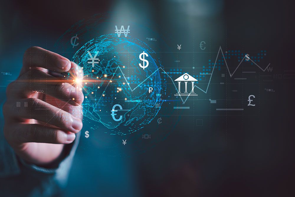 Hand interacting with digital globe, currency symbols, and financial graphs, symbolizing global finance and economy.