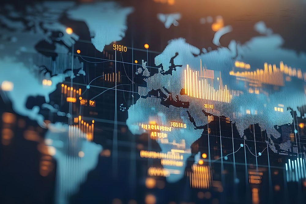 Digital world map with data charts and graphs, illustrating global business and technology trends.