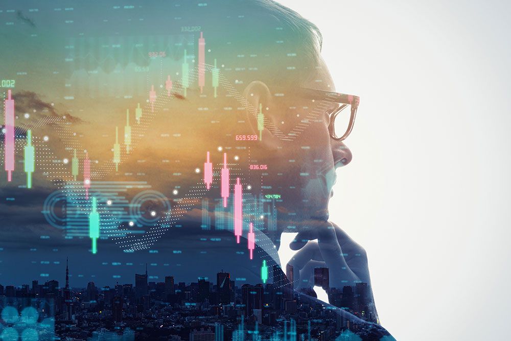 A thoughtful person overlays a stock market chart and cityscape, reflecting on financial data and analysis.