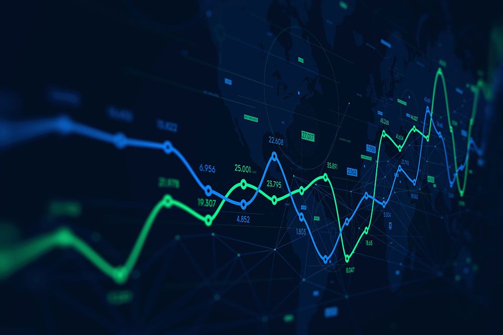 Line graph over a world map representing global financial trends and data analysis.