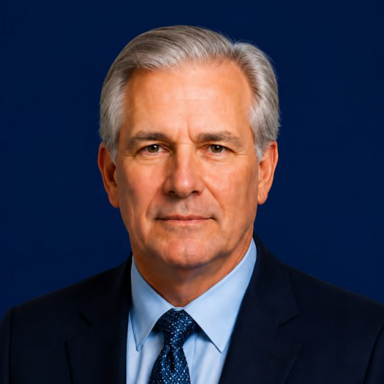 Business professional smiling in office setting, wearing suit and tie.