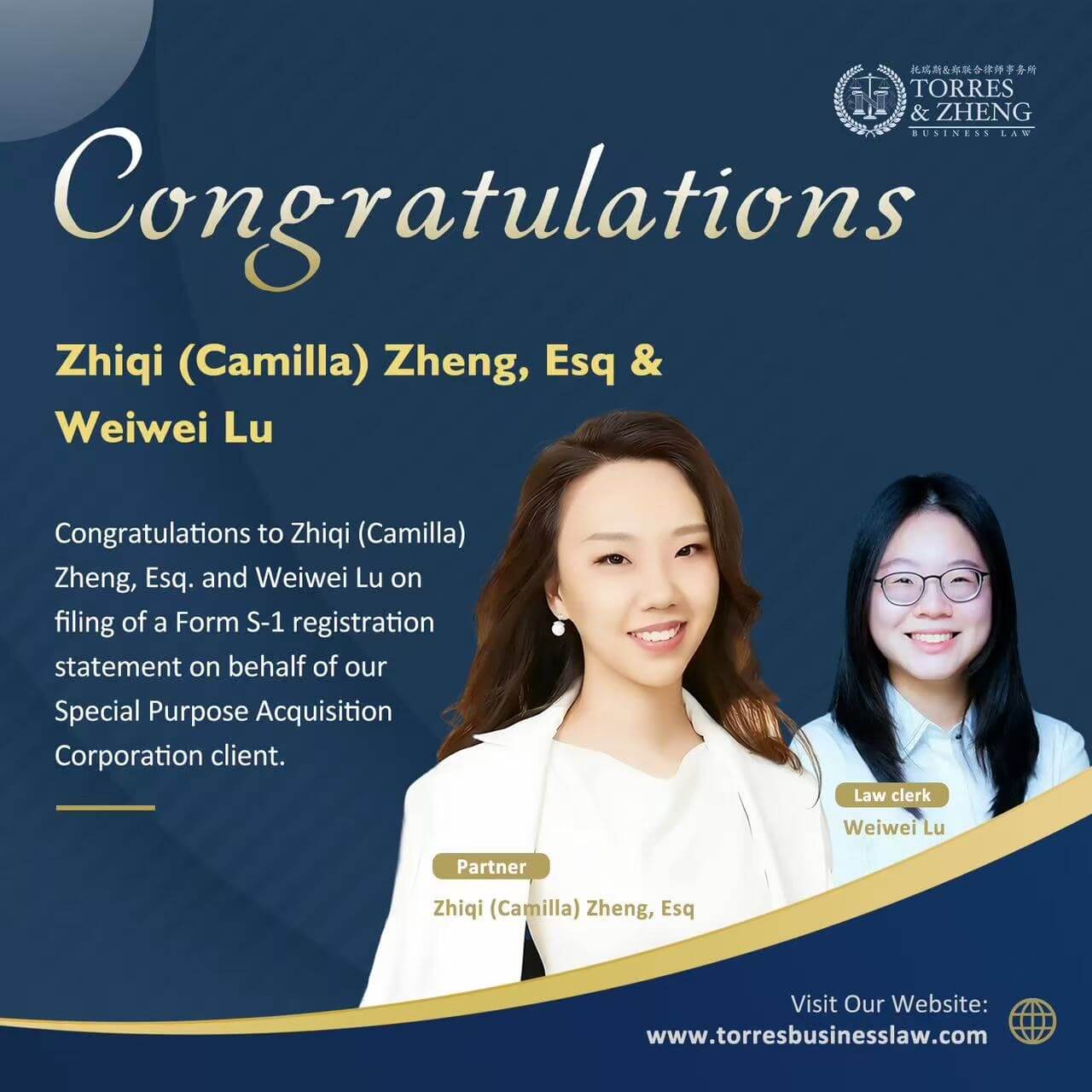 Congratulations to Zhiqi Zheng and Weiwei Lu on Form S-1 filing for the Special Purpose Acquisition Corporation.
